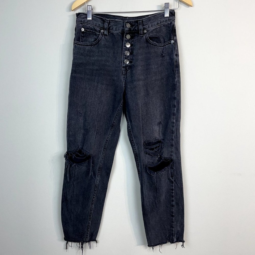 We The‎ Free People Jeans 26 Black Cropped Blossom Rigid Distressed Button Fly